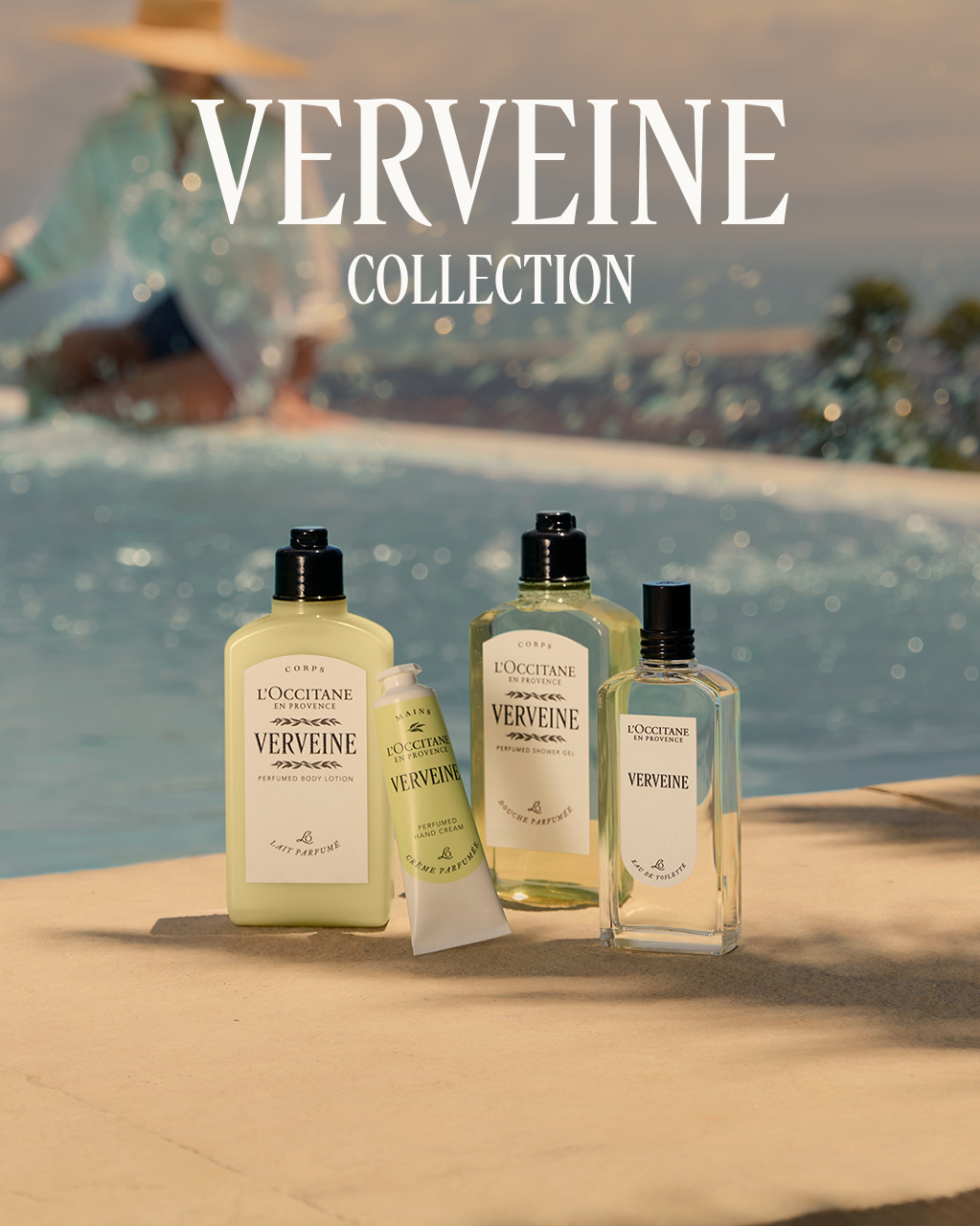 L'Occitane Verveine collection products by a poolside