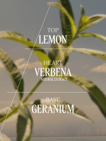 Herbal extract label with lemon verbena and geranium on a blurred plant background