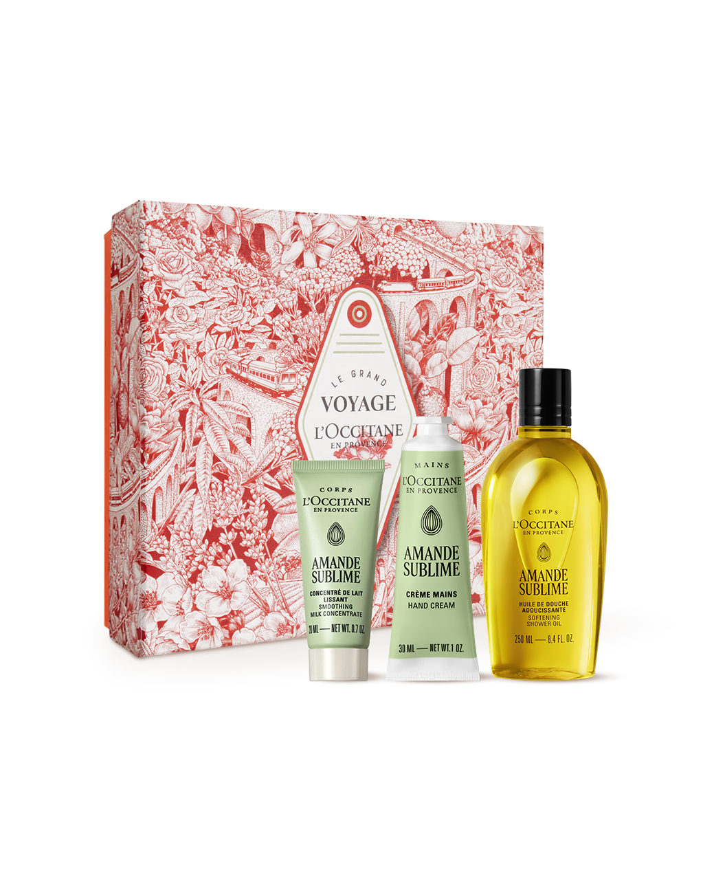 L'OCCITANE product set with a decorative box on a white background