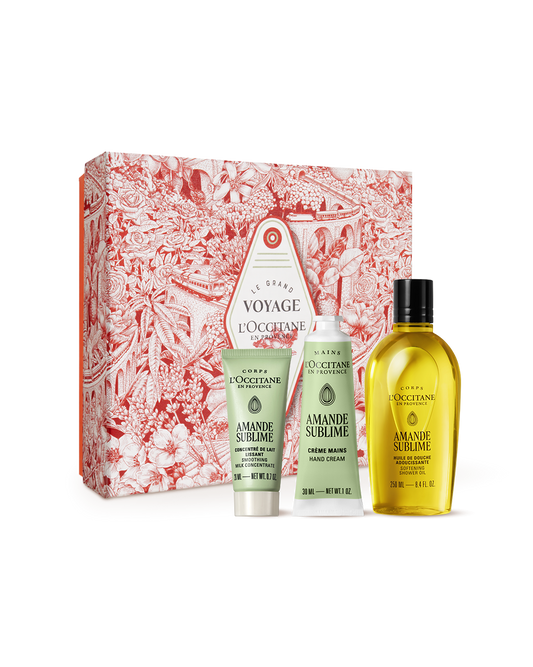 L'OCCITANE product set with a decorative box on a white background